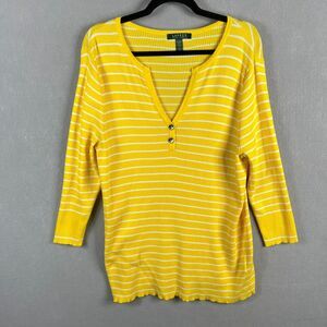 Lauren Ralph Top Womens 2X Yellow Thermal Green Label Ribbed Knit Pullover
